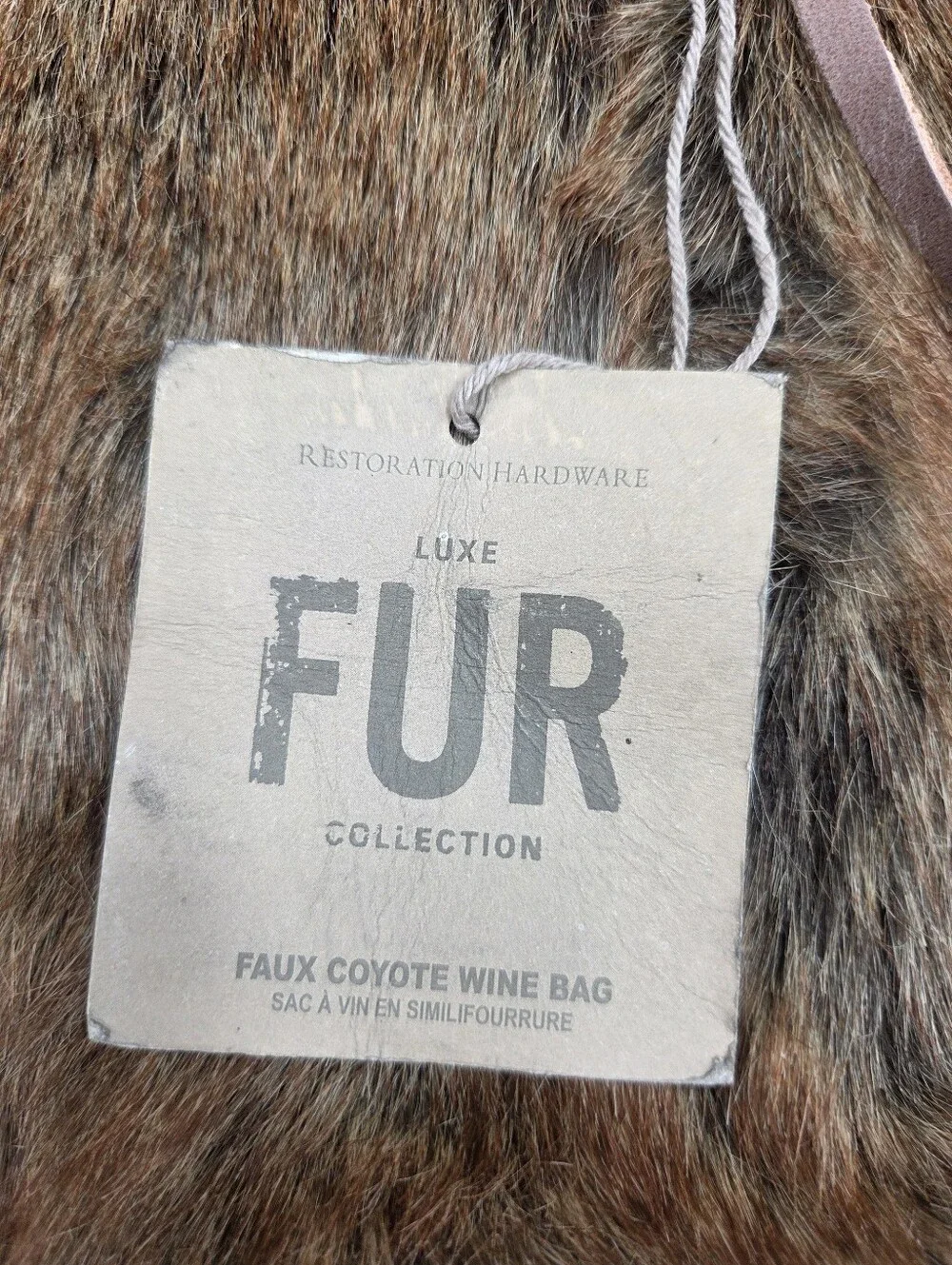 Restoration Hardware Luxe Faux Fur Coyote Wine Bag NWT Gift Bottle Inv2